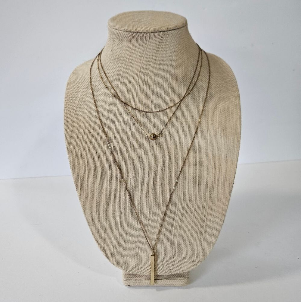 NY & Co. Signed Gold Tone Layered Bar Pendant Multi-Strand Triple Chain Necklace